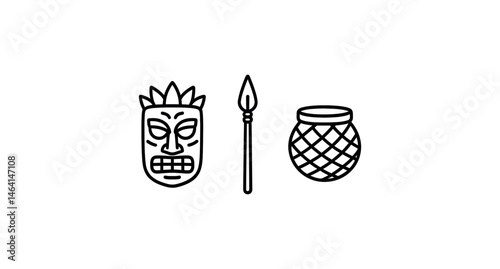 Tribal symbol icons: mask, spear, and jar design