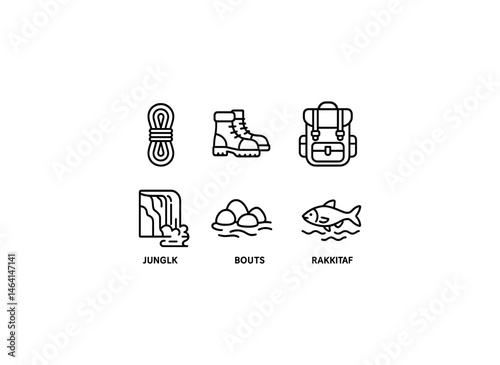 Outdoor adventure icons - rope, boots, backpack, waterfall, stones, fish