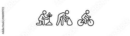 Black and white icons of planting, litter collection, and bicycling