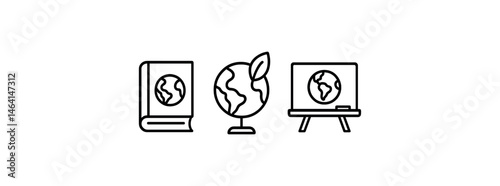 Earth education symbols: book, globe, and blackboard icons