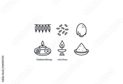 Minimalist symbolic icons of hindu festival offerings and rituals