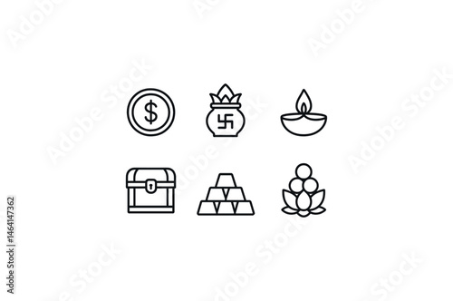 Financial symbols and religious icons collection in minimalist line art