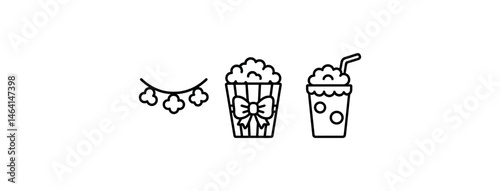 Minimalist popcorn garland, gift box, and soda line art illustration