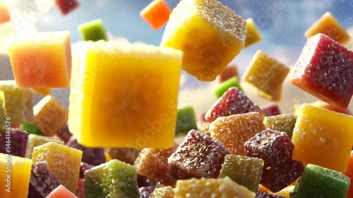 Colorful square candies flying in the air
