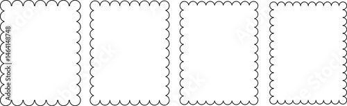Rectangular frames with scallop edges set. Rectangle frames with wavy edges. Silhouette rectangular text boxes, rectangular shapes with wiggly borders. Empty square scalloped frames.