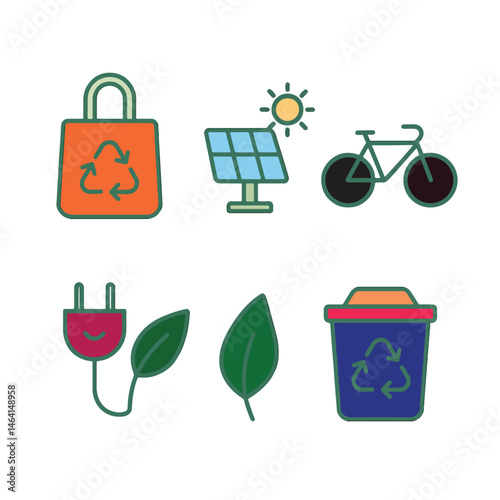 set flat design icons for green energy sustainability, water wind sustainable turbine droplet vertical garden