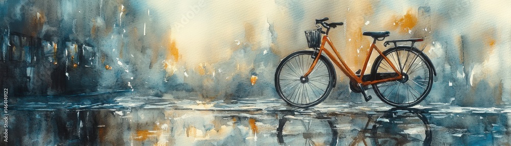A red bicycle stands alone on a wet street, reflected in a dreamy watercolor cityscape with soft, glowing lights.
