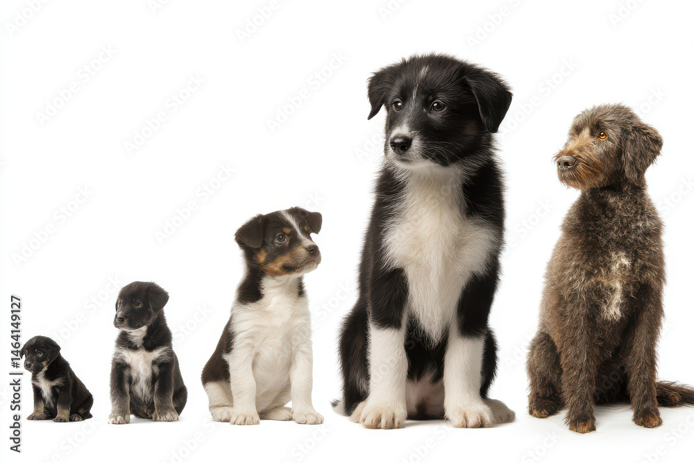 Obraz premium Hopeful puppy stages illustrating growth and development on white background