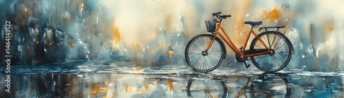 Obraz na płótnie A red bicycle stands alone on a wet street, reflected in a dreamy watercolor cityscape with soft, glowing lights. w salonie
