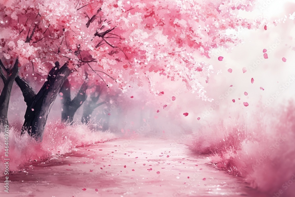 A serene path lined with blooming cherry blossom trees, petals gently falling in a dreamy pink landscape.
