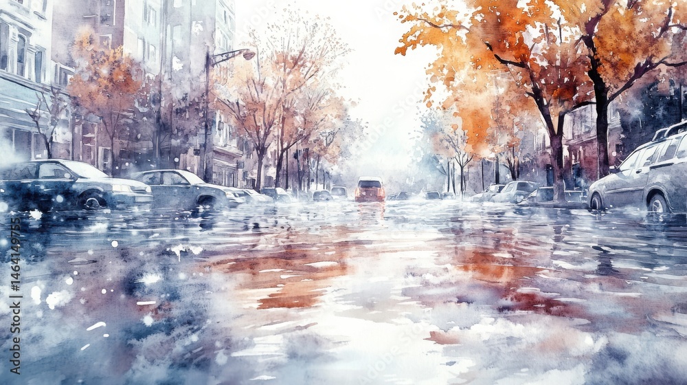 Watercolor city street scene with autumn trees, parked cars, and reflections on a wet road after rain.