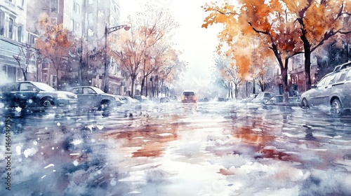 Obraz na płótnie Watercolor city street scene with autumn trees, parked cars, and reflections on a wet road after rain. w salonie