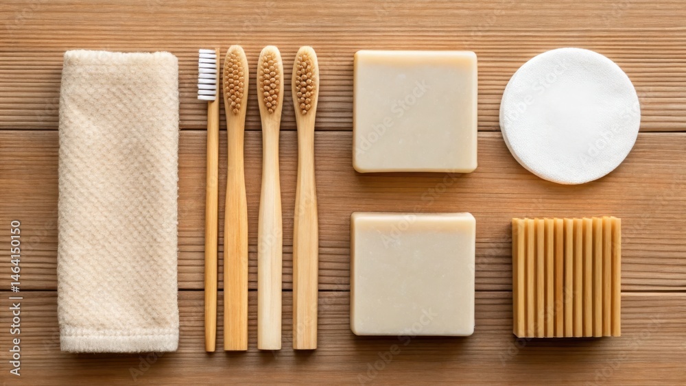 Naklejka premium Eco-friendly bathroom essentials including bamboo toothbrushes, natural soap bars, reusable pads, and a washcloth neatly arranged on a wooden surface.