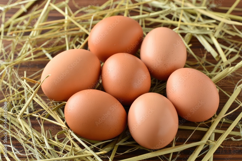 Fresh brown eggs arranged on straw in a rustic setting Fresh brown eggs arranged on straw in a rustic setting