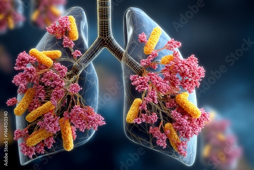Human lung depiction exhibiting infection, disease impact, pneumonia, or tumor growth, medical visualisation with detailed anatomical structures