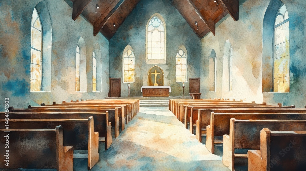 A sunlit church interior with wooden pews, arched windows, and an altar featuring a cross at the front, painted in a watercolor style.