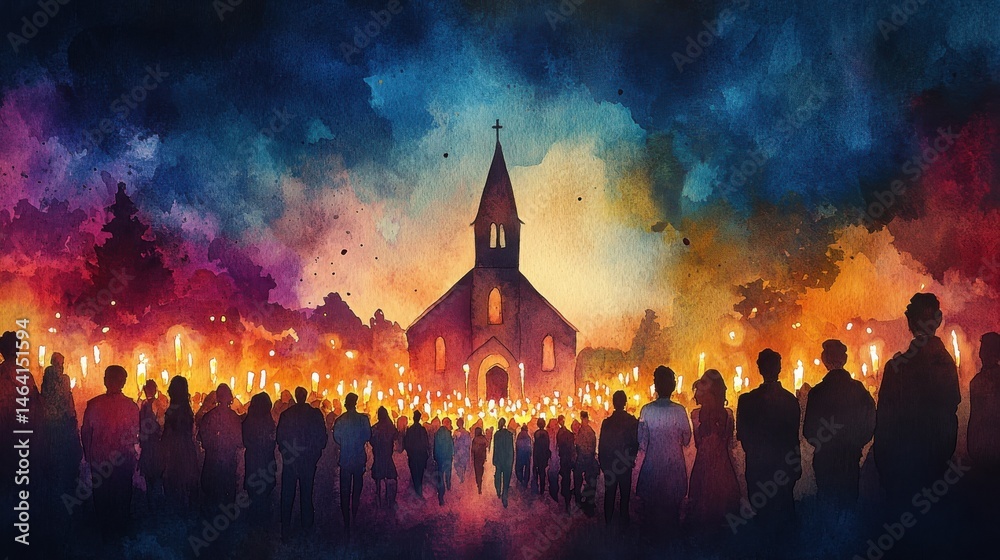 A large crowd gathers at night holding candles outside a church, surrounded by vibrant, colorful lighting and a dramatic sky.