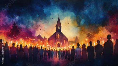 Obraz na płótnie A large crowd gathers at night holding candles outside a church, surrounded by vibrant, colorful lighting and a dramatic sky. w salonie
