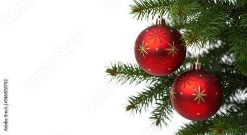 Two red christmas ornaments hanging on a green christmas tree branch isolated