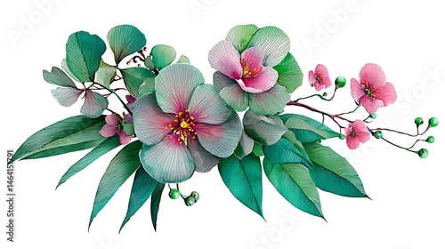 Watercolor depiction of tropical spring green leaves and flowers, perfect for a greeting bouquet or wedding card decoration, set on a white background.
