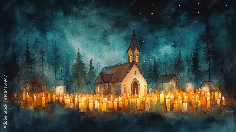 A small church surrounded by glowing candles at night, nestled in a misty forest under a starry sky.