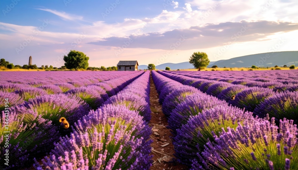 Fototapeta premium Lavender Field with House and Trees