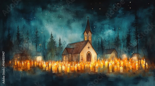 Obraz na płótnie A small church surrounded by glowing candles at night, nestled in a misty forest under a starry sky. w salonie