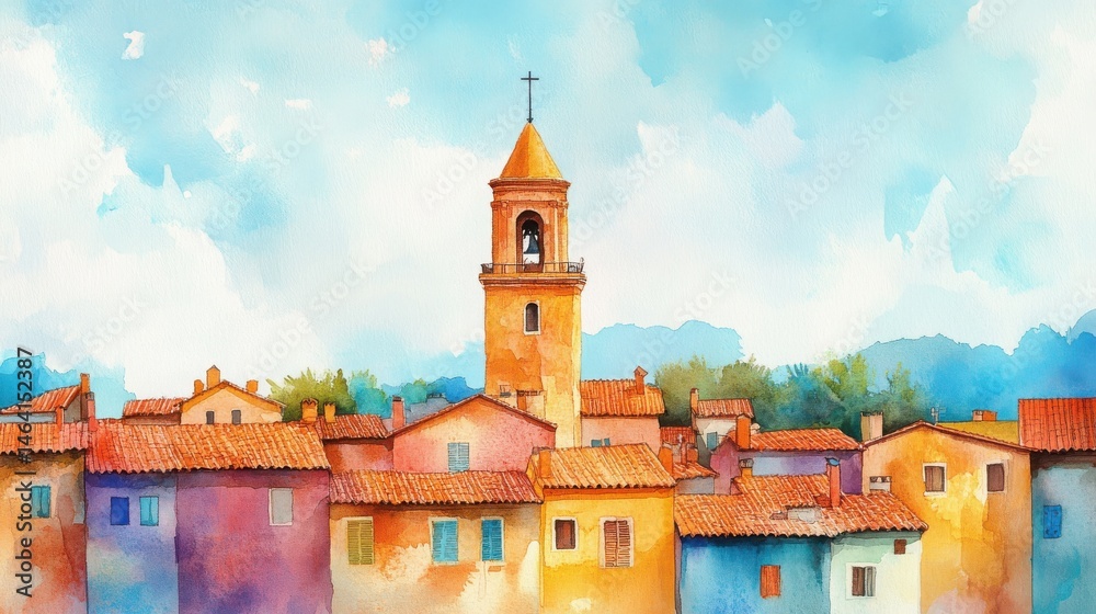 A charming watercolor painting of a Mediterranean village with colorful houses and a central church tower under a bright blue sky.