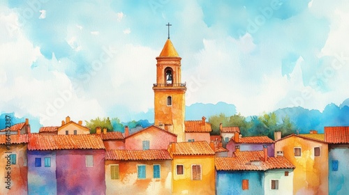 Obraz na płótnie A charming watercolor painting of a Mediterranean village with colorful houses and a central church tower under a bright blue sky. w salonie