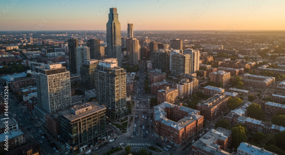 Obraz premium Aerial View of City Skyline at Sunset