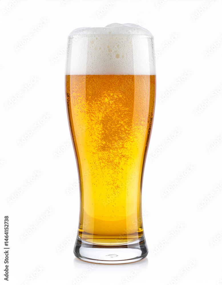 Refreshing light beer pouring into glass with bubbles on white background Refreshing light beer pouring into glass with bubbles on white background