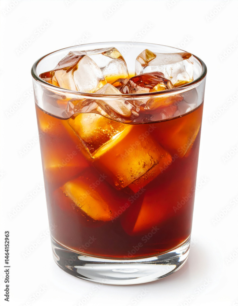 Glass of iced coffee with ice cubes on white background Glass of iced coffee with ice cubes on white background