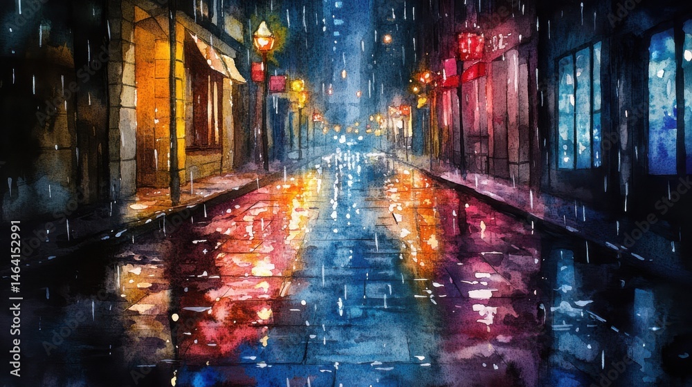 A colorful, rainy city street at night with reflections of lights on wet pavement, creating a moody and atmospheric urban scene.