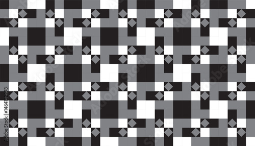 Contemporary pixel style pattern with black, white and grey hues arranged in a dynamic grid layout