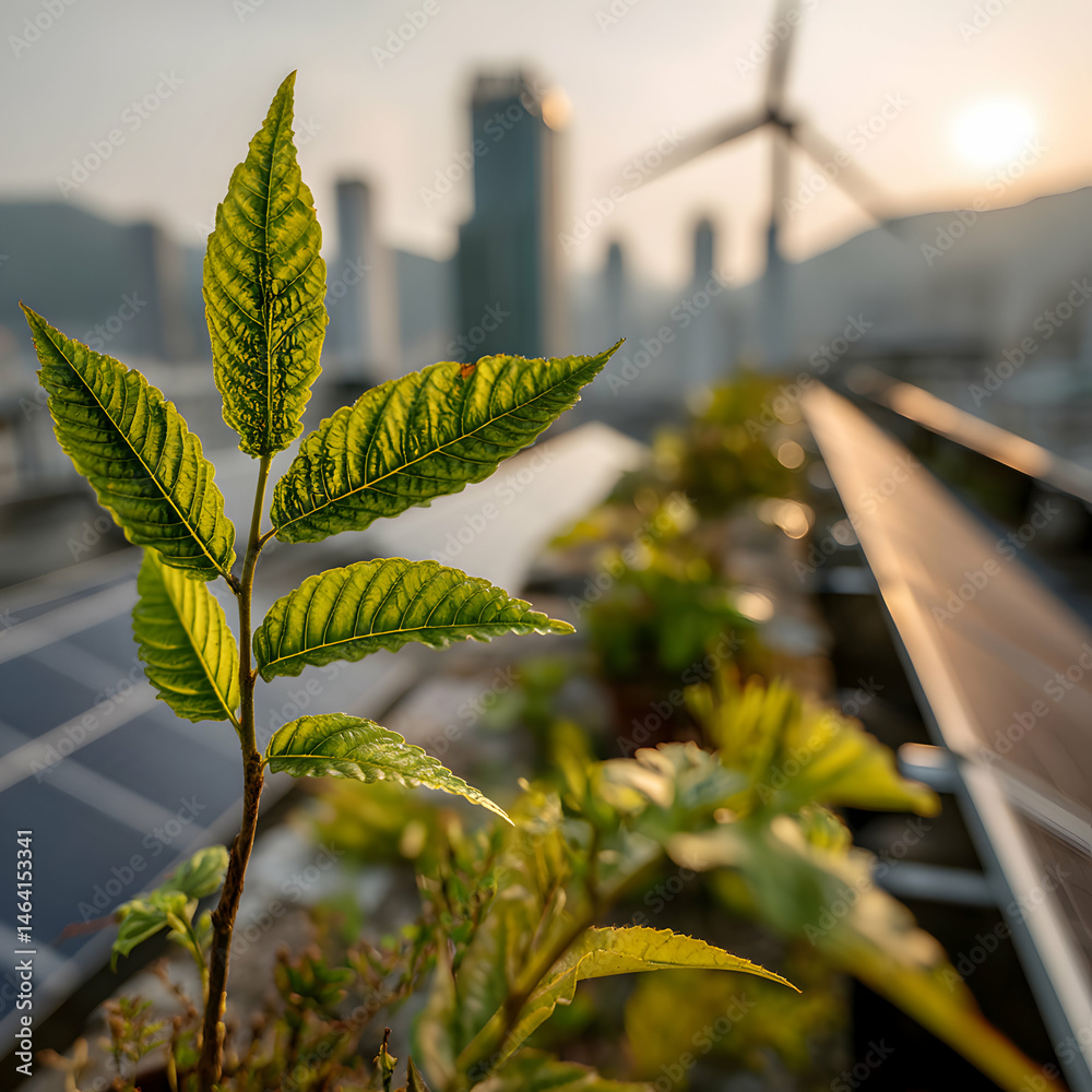 Green City Sustainable Urban Rooftop with Solar Panels and Wind Turbine transparent background