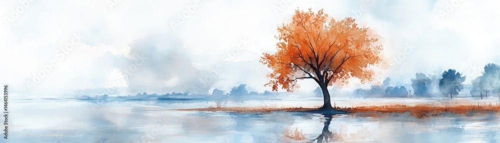 A single orange tree stands by calm water, reflected in a serene, misty landscape painted in soft watercolor tones.