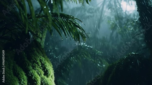 Dense tropical rainforest under heavy rain with lush green foliage and wet moss-covered trees. Mysterious and wild jungle mood.

