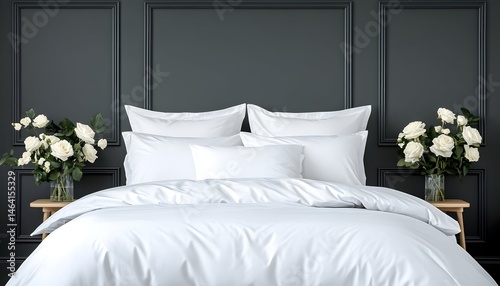 Crisp white bedding on a bed, flanked by white roses in glass vases on wooden side tables against a dark-paneled wall