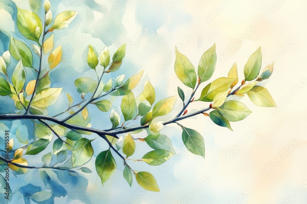 Watercolor painting of a leafy branch with green leaves and a soft blue and yellow background.