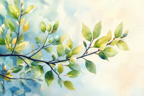 Obraz na płótnie Watercolor painting of a leafy branch with green leaves and a soft blue and yellow background. w salonie