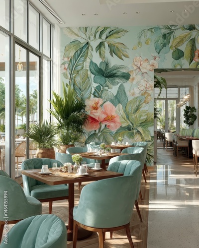 Vibrant Dining Decor with Artistic Wall Murals and Stylish Chairs