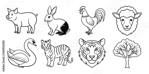 Canvas Print wild animals collection liner art on white background