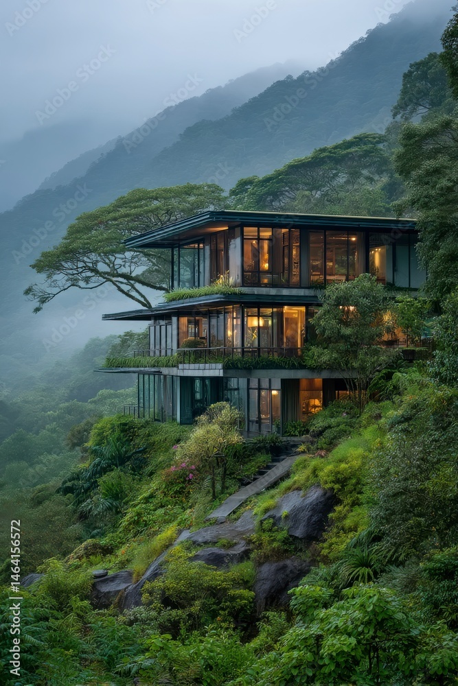 Stunning Glass Home Nestled Among Lush Green Mountains in Fog Stunning Glass Home Nestled Among Lush Green Mountains in Fog