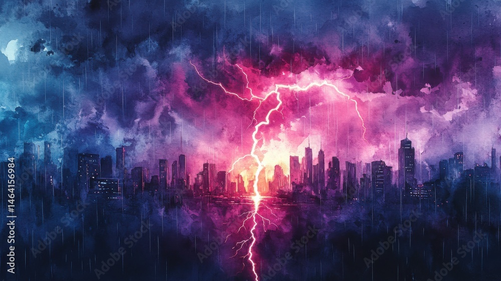 A vibrant lightning bolt strikes a city skyline under dark, stormy clouds with intense rain and dramatic colors.