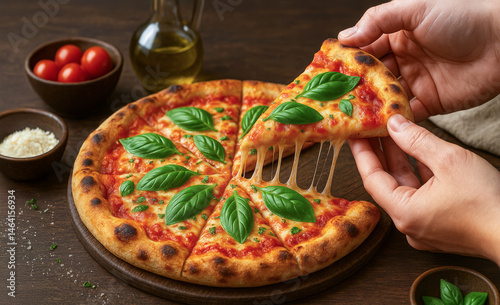 neapolitan italian pizza on a wooden table, generative ai