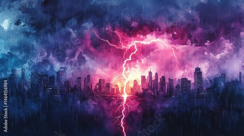 Obraz na płótnie A vibrant lightning bolt strikes a city skyline under dark, stormy clouds with intense rain and dramatic colors. w salonie