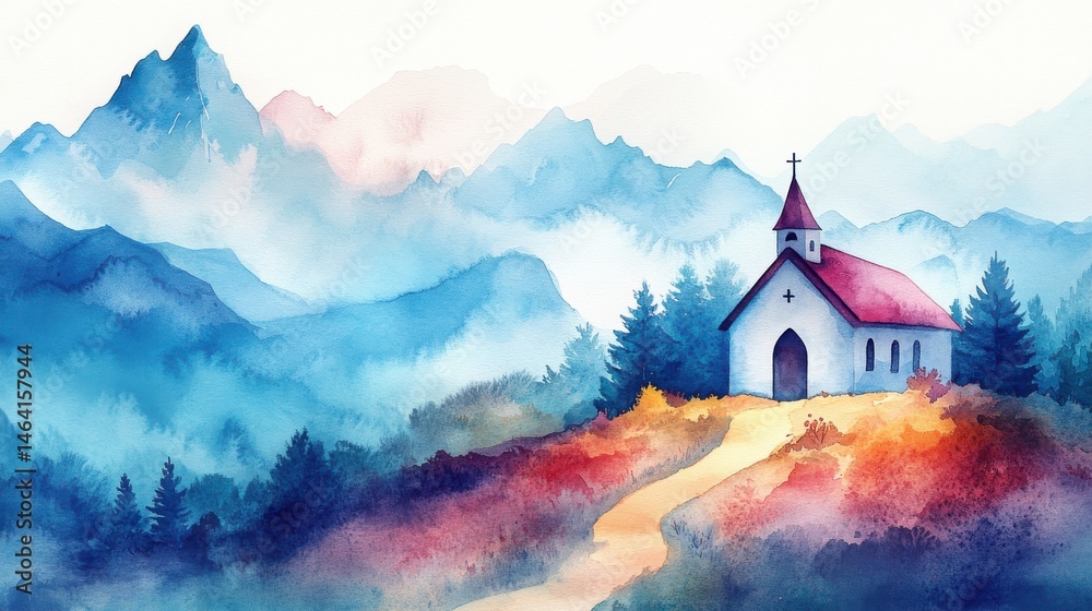 A small church with a red roof sits on a colorful hillside, surrounded by misty mountains and pine trees in a watercolor painting.