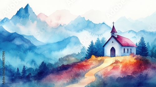 Obraz na płótnie A small church with a red roof sits on a colorful hillside, surrounded by misty mountains and pine trees in a watercolor painting. w salonie