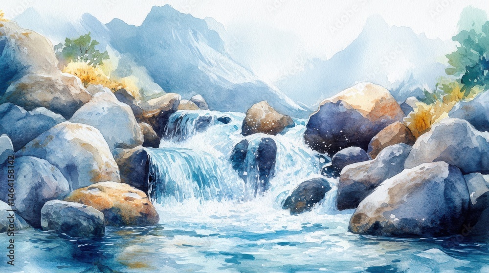 Watercolor painting of a mountain stream flowing over rocks with misty peaks and lush greenery in the background.
