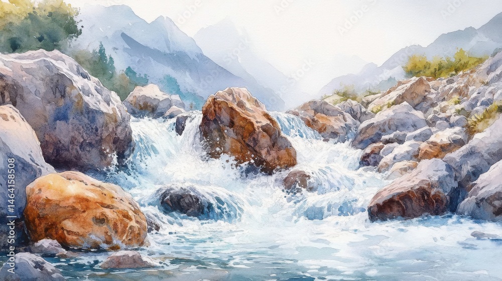 A clear mountain stream flows over rocks with distant misty peaks in a serene, natural landscape.